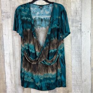 Apostrophe Size 26-28W Faux Wrap Deep V-Neck Short Cap Sleeves Tie Dye T…